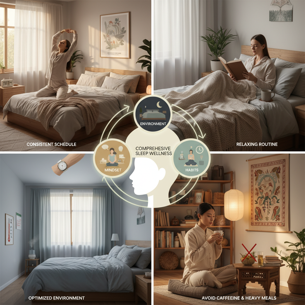 A sequence or collage of key sleep practices: consistent sleep schedule with a clock, relaxing bedtime routine (e.g., reading a book), optimized sleep environment with cool temperature and calming colors, and avoiding caffeine and heavy meals at night.