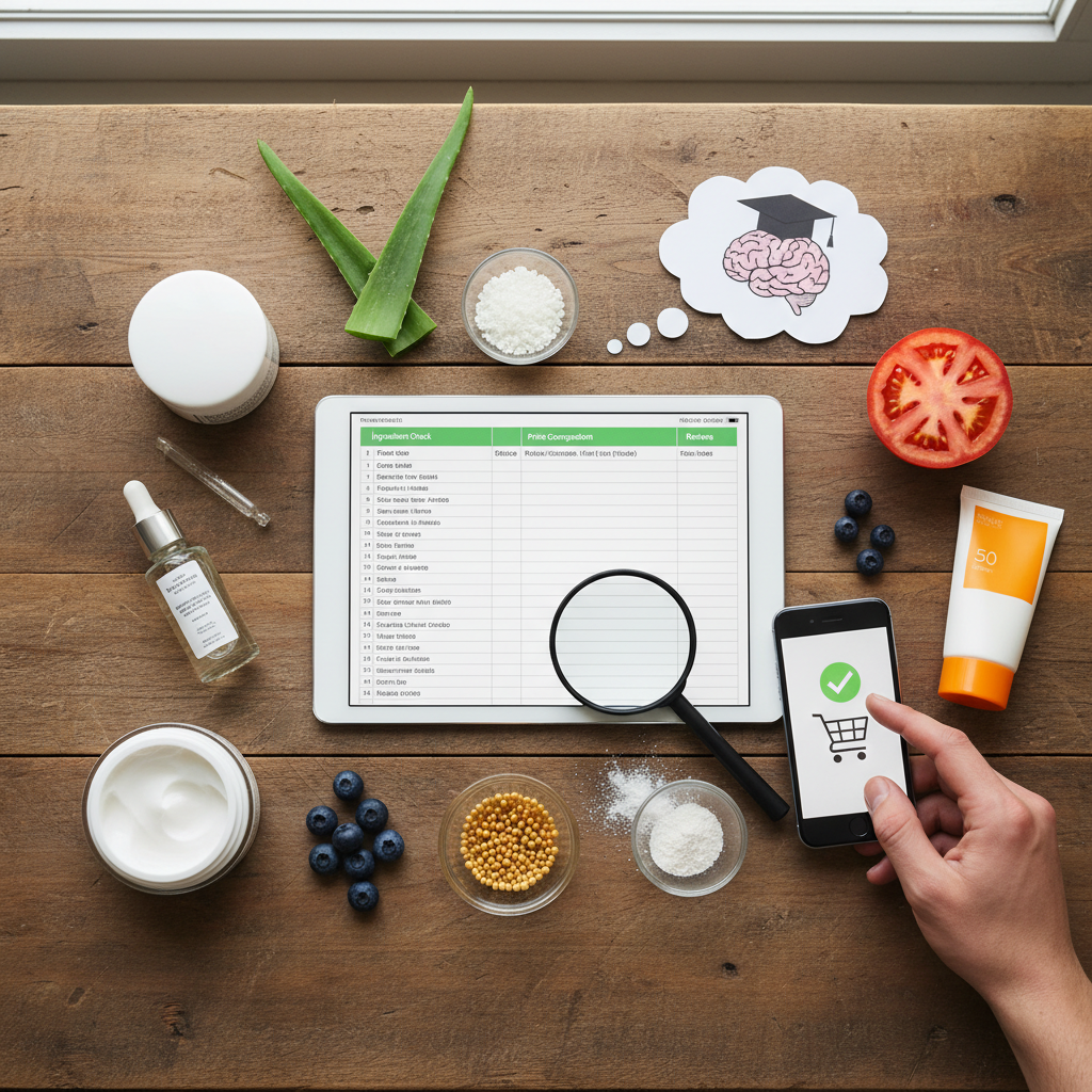A visual guide or infographic of smart skincare shopping steps, including ingredient reading, product prioritization, and safe testing