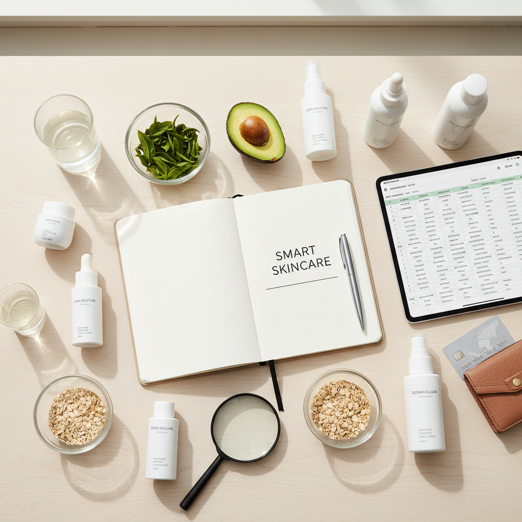 Flat lay of skincare products and ingredients for smart skincare shopping