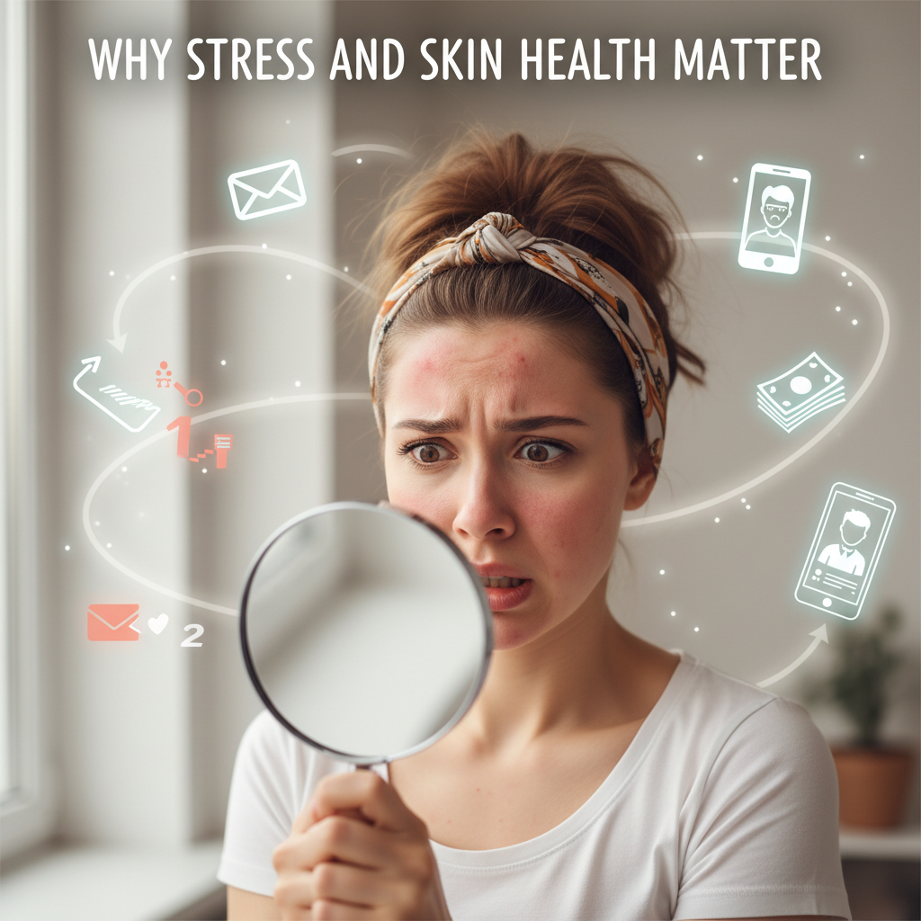 An image representing stressed skin showing signs like redness, dryness, and breakouts, with a subtle background of stressful elements like work or social media icons.