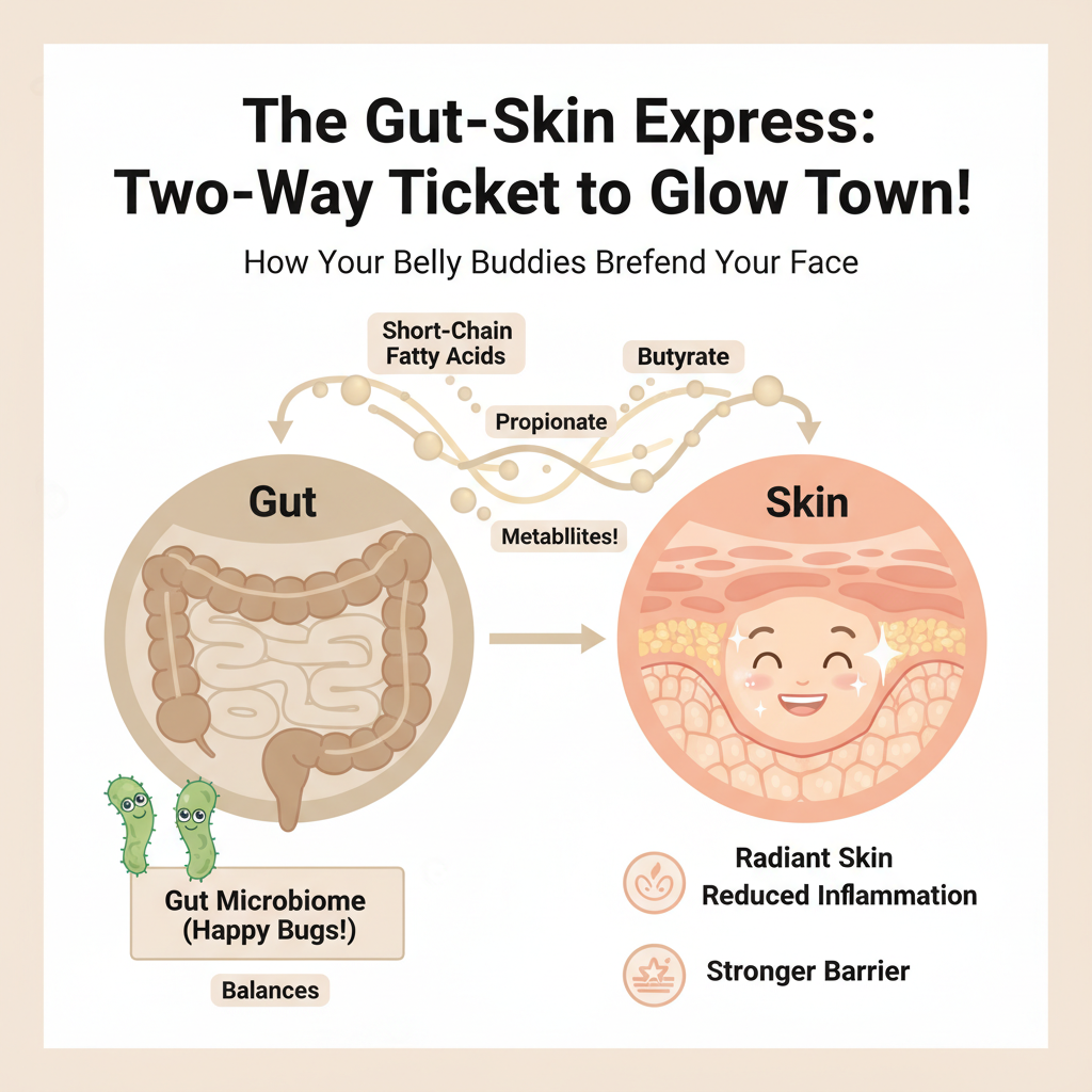 Visual representation of common skin problems linked to gut health, including acne, eczema, psoriasis, and rosacea, emphasizing their connection to gut microbiome imbalance and inflammation.