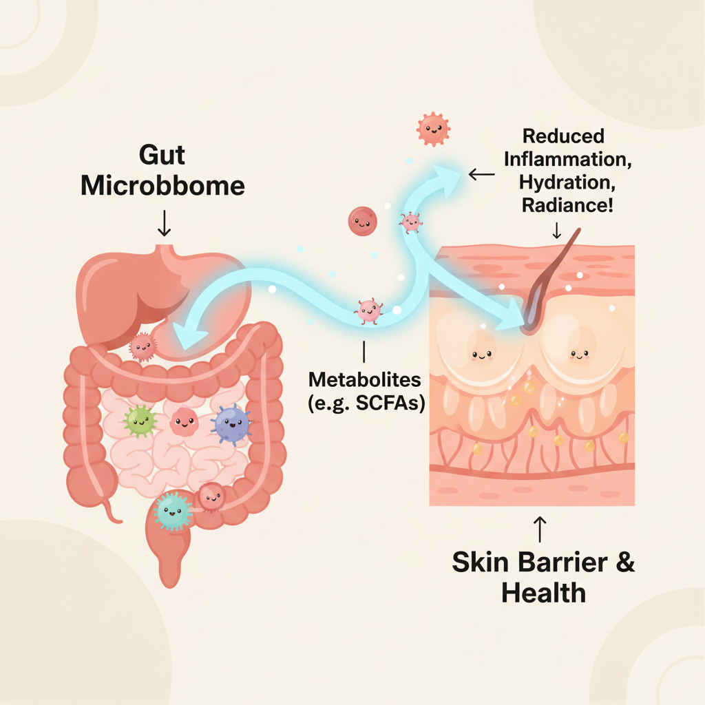 An infographic illustrating the gut-skin axis, showing the communication between the gut microbiome and the skin with emphasis on metabolites like short-chain fatty acids and their effect on skin health.