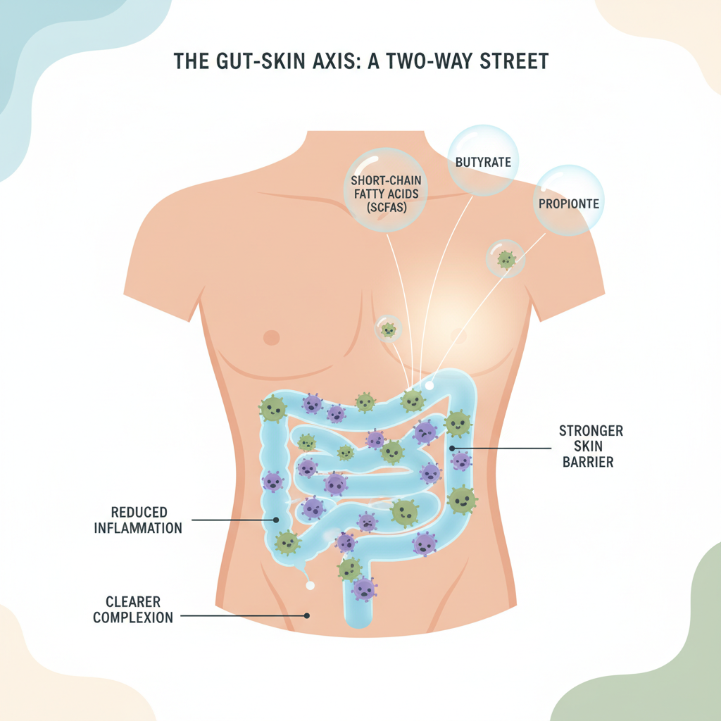 A vibrant, healthy lifestyle scene showing nurturing the gut-skin axis with fiber-rich foods, fermented foods, hydration, stress management, and consulting professionals for gut and skin health.