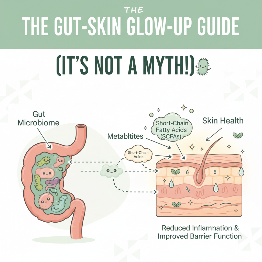 A depiction of factors affecting the gut-skin connection, featuring elements like stress, unhealthy diets, caffeine, and their impact on skin appearance such as redness and irritation.