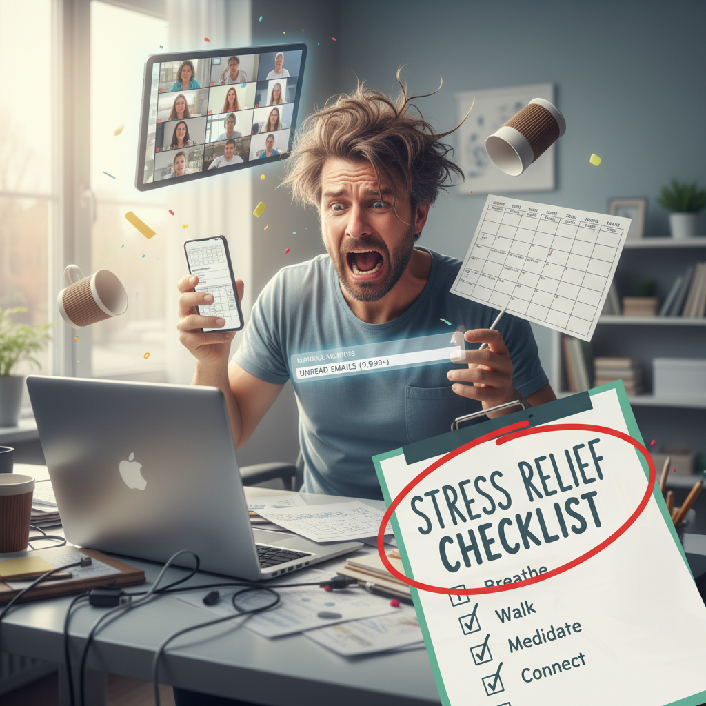 A calming scene depicting 10 stress relief techniques such as deep breathing, walking, meditation apps, social connection, sleep, healthy eating, laughter, journaling, relaxation aids, and me time.