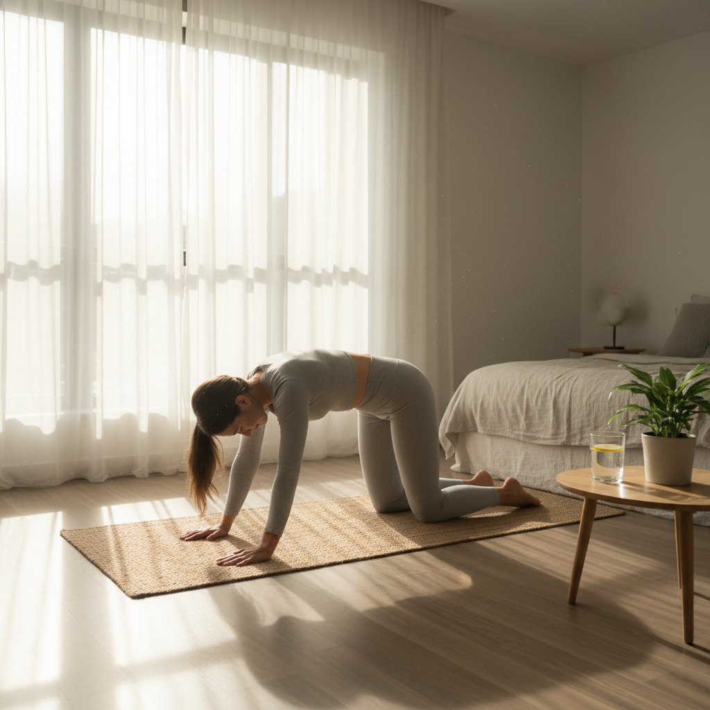 A simple, balanced breakfast spread including oatmeal with nuts and berries, eggs with spinach, and a glass of water, styled in a bright, cheerful kitchen setting.