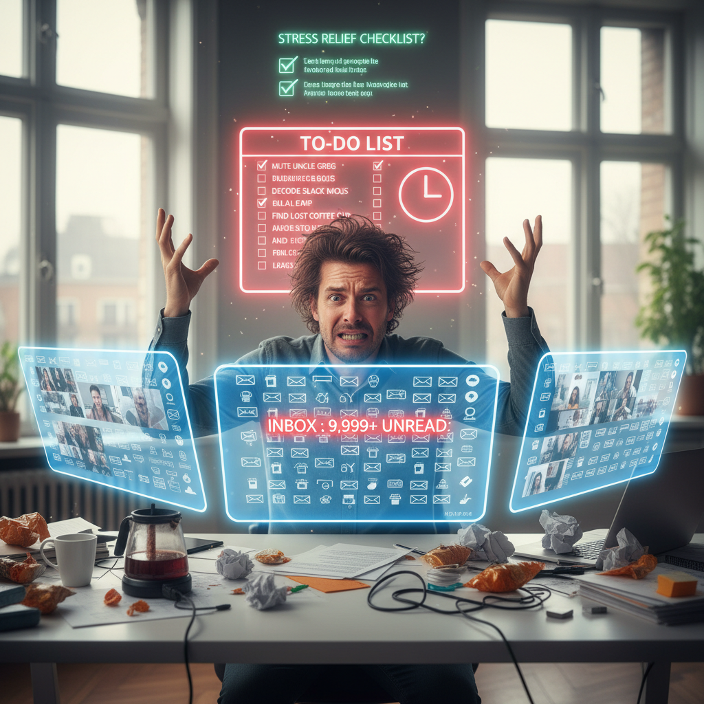 Illustration of a stressed person overwhelmed with emails, virtual meetings, and daily challenges representing the need for a stress relief checklist.