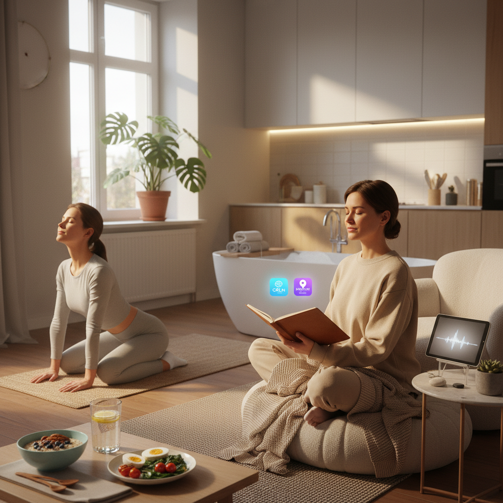 A peaceful moment of mindfulness or deep breathing with a person sitting comfortably, eyes closed, in a serene environment possibly with meditation app icons like Calm or Headspace visible.