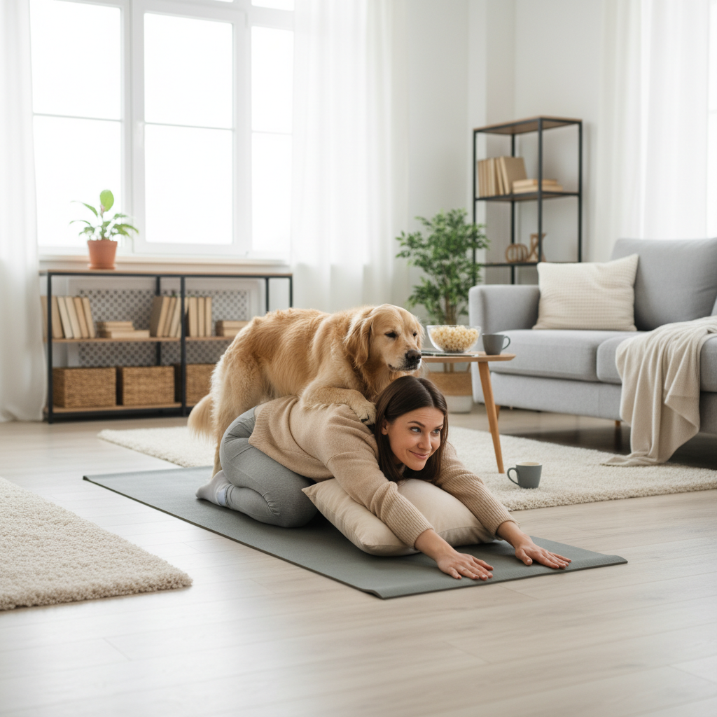 Illustrations or images of the five key yoga poses: Child’s Pose, Cat-Cow Stretch, Standing Forward Bend, Legs Up the Wall Pose, and Seated Forward Fold, shown clearly with step-by-step visuals.