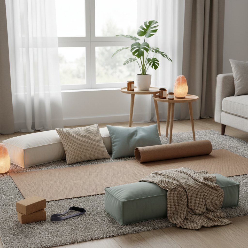 A serene sequence showing the quick 20-minute yoga routine for stress relief, with a calm individual moving through the poses in a peaceful home environment.