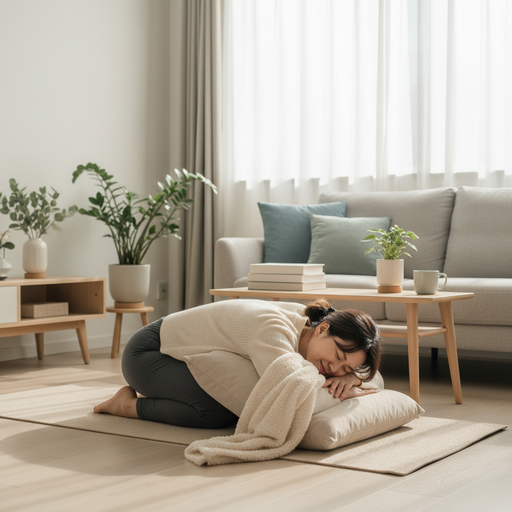 A relaxing home yoga setup featuring calming elements like cushions, blankets, soft lighting, and props, demonstrating a chill space ideal for practicing yoga stretches.