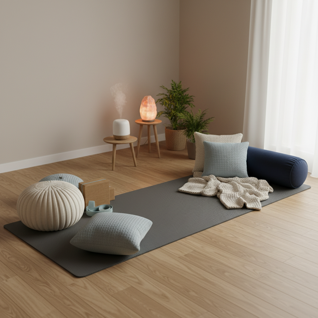 A cozy living room scene with a person on a yoga mat doing gentle stretches, emphasizing relaxation and stress relief at home.