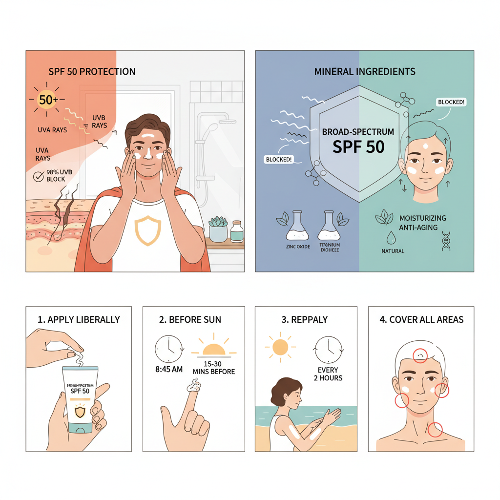 Step-by-step illustration of applying broad-spectrum sunscreen properly: applying liberally, timing before sun exposure, reapplying every two hours, and covering often-missed areas like ears and neck.