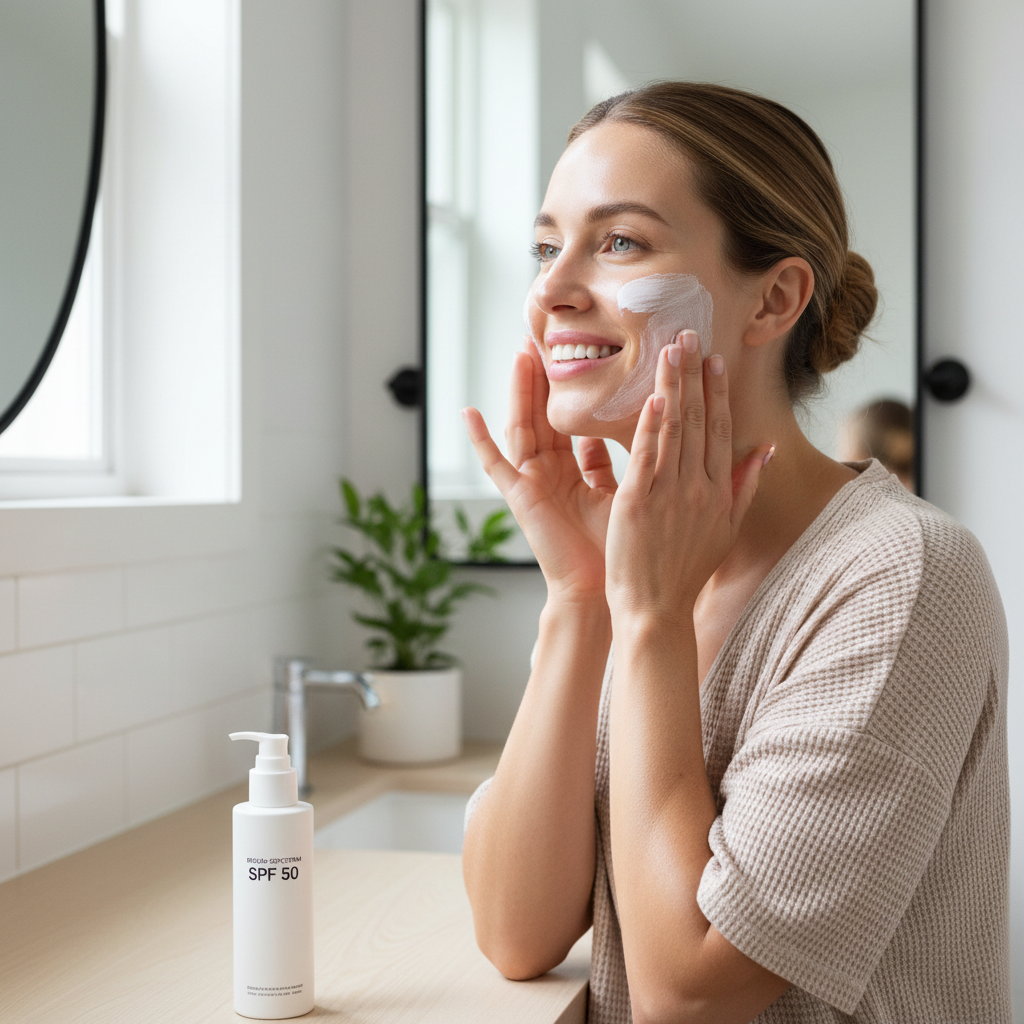 Illustration of a person confidently applying broad-spectrum SPF 50 sunscreen as part of their daily skin care routine, showing healthy glowing skin.