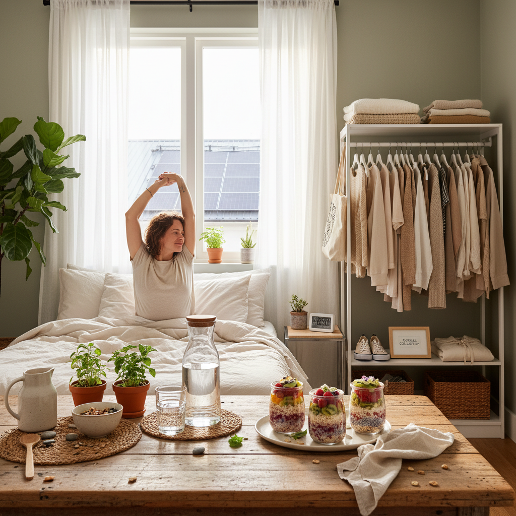 A fresh, vibrant plant-based breakfast spread with overnight oats, chia pudding, and seasonal fruits on a rustic table, symbolizing nourishing low-waste meals that fuel both body and planet.