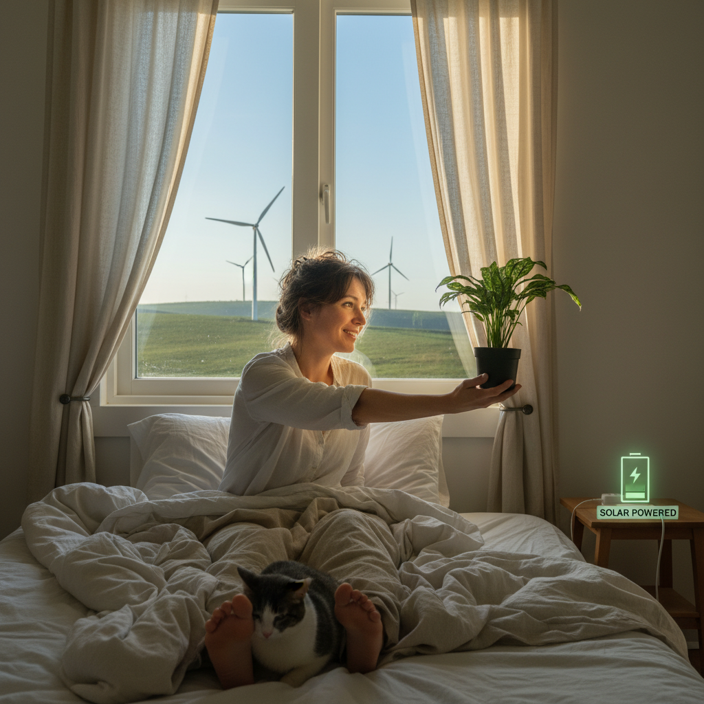 A reusable glass or bottle filled with water on a wooden kitchen table, surrounded by eco-friendly elements like a water filter and plants, illustrating mindful hydration without plastic waste.