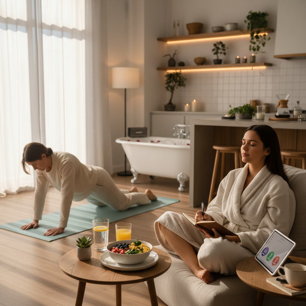 A calm and inviting morning scene with a person doing gentle stretches like cat-cow pose on a yoga mat, sunlight streaming through a window, and a glass of water with a lemon slice nearby.