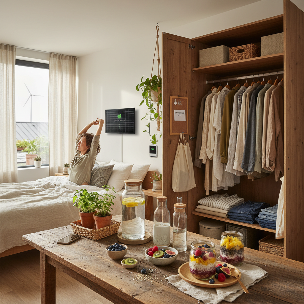 A stylish wardrobe featuring versatile, eco-friendly clothing pieces including organic cotton pajamas and capsule collection items, highlighting sustainable fashion and thoughtful outfit preparation.