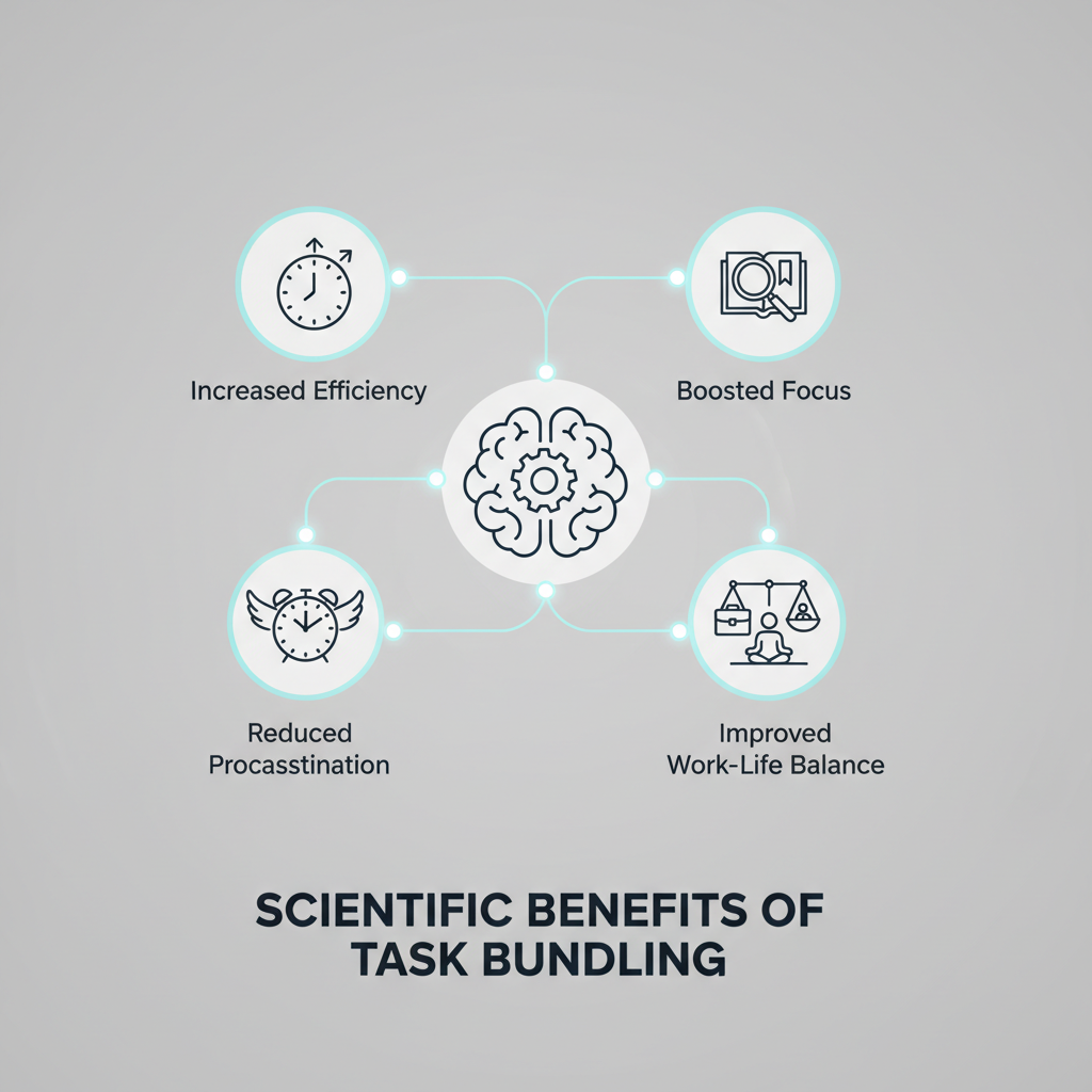 A graphic depicting the scientific benefits of task bundling such as increased efficiency, boosted focus, reduced procrastination, and improved work-life balance, possibly with icons representing these concepts.