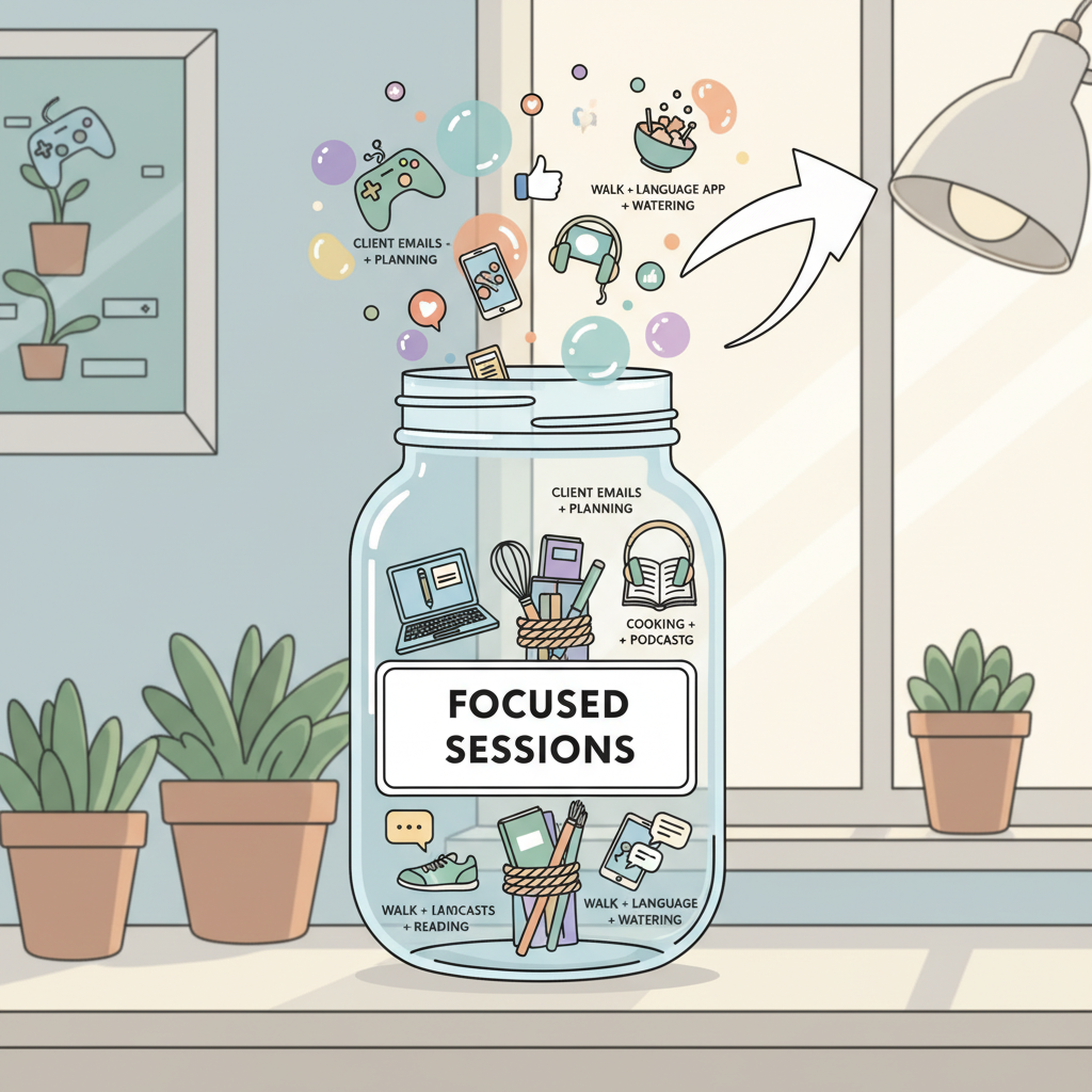 A split scene showing real-life examples of task bundling in work life and personal life, such as consolidated client calls, energizing playlists during admin tasks, language practice during walks, and combining social calls with cooking.