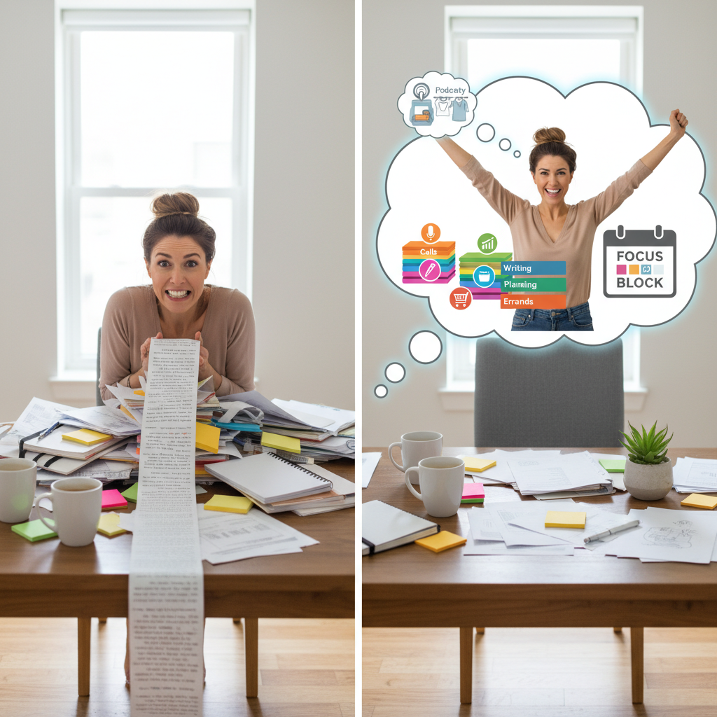 A visual representation of practical strategies for task bundling, including time-based batching, temptation bundling, thematic days, and habit bundling, showing examples like calendar blocks, podcasts during chores, and habit stacking.