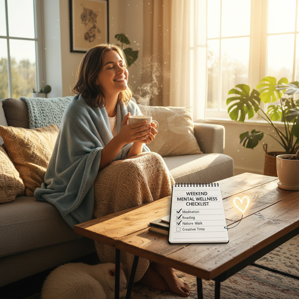 A cozy and personalized self-care environment showcasing various customizable activities and small habit-building routines to maximize weekend self-care effectiveness.