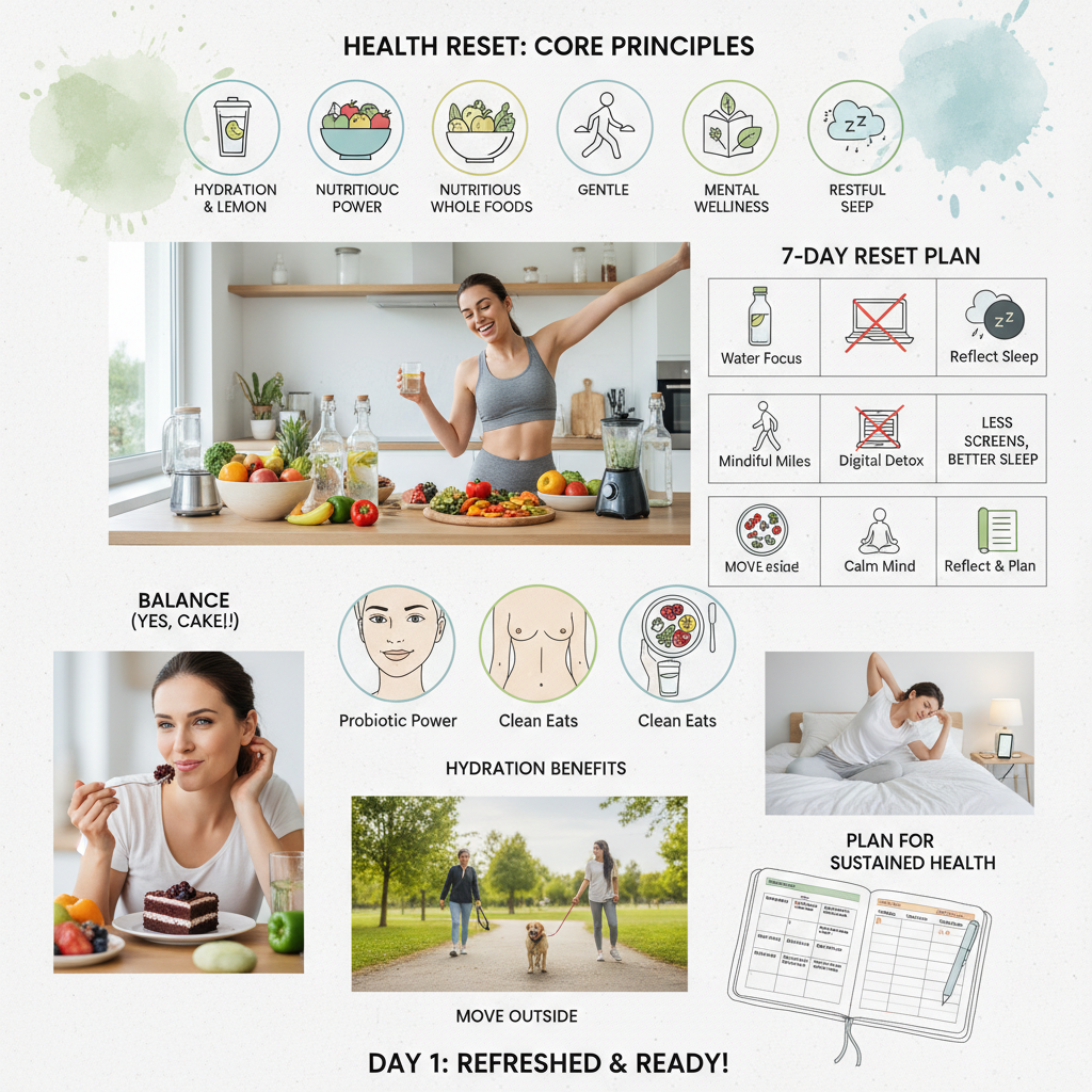 Illustration of a person starting a 7-day health reset, feeling refreshed and energized, surrounded by healthy foods and water.