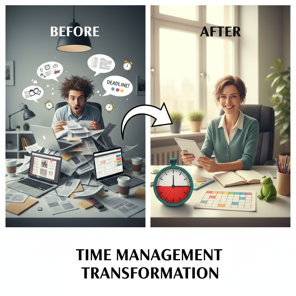 A visual representation of effective time management techniques including Pomodoro Technique with a timer, a colorful calendar showing Time Blocking, a frog symbolizing 'Eat the Frog' technique, and a quadrant chart for the Eisenhower Matrix.