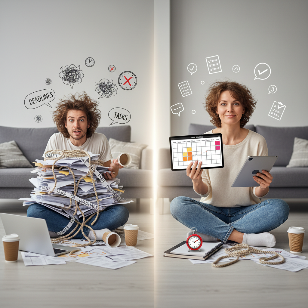 A cozy family dinner scene with a relaxed individual reflecting on personal experience of improved work-life balance, alongside cultural representations of punctuality and respect for time.