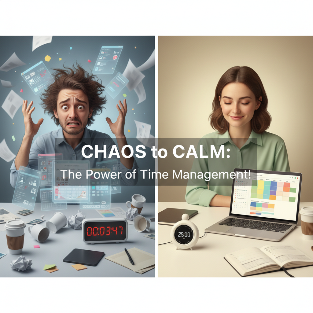 Illustration of additional tips for better time management: setting SMART goals, using digital and paper planning tools, batching similar tasks, avoiding multitasking, and scheduling breaks, represented through icons and a productivity-focused workspace.