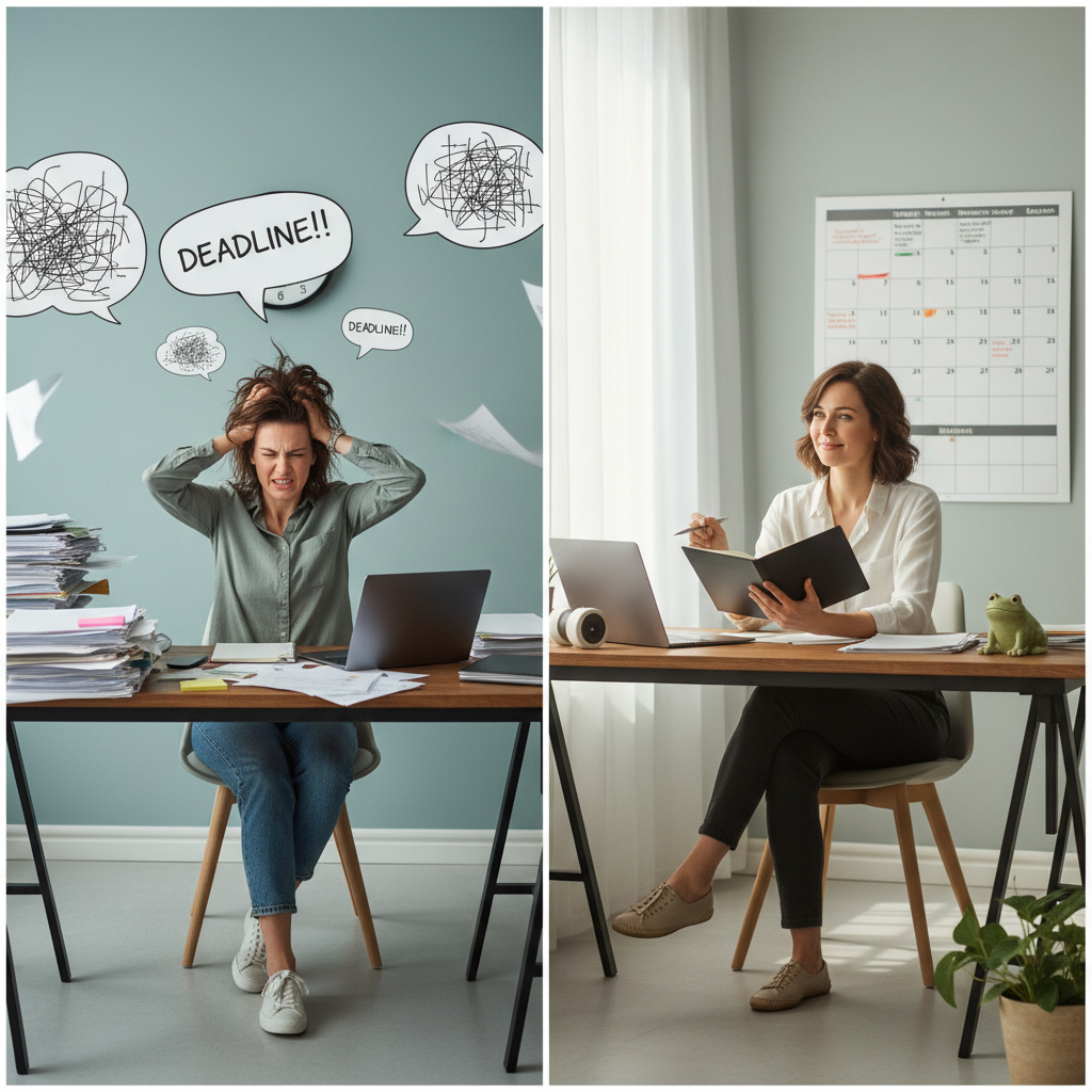An overwhelmed person surrounded by chaotic tasks and deadlines, transforming into a calm, focused individual using time management tools, illustrating the importance of time management techniques.