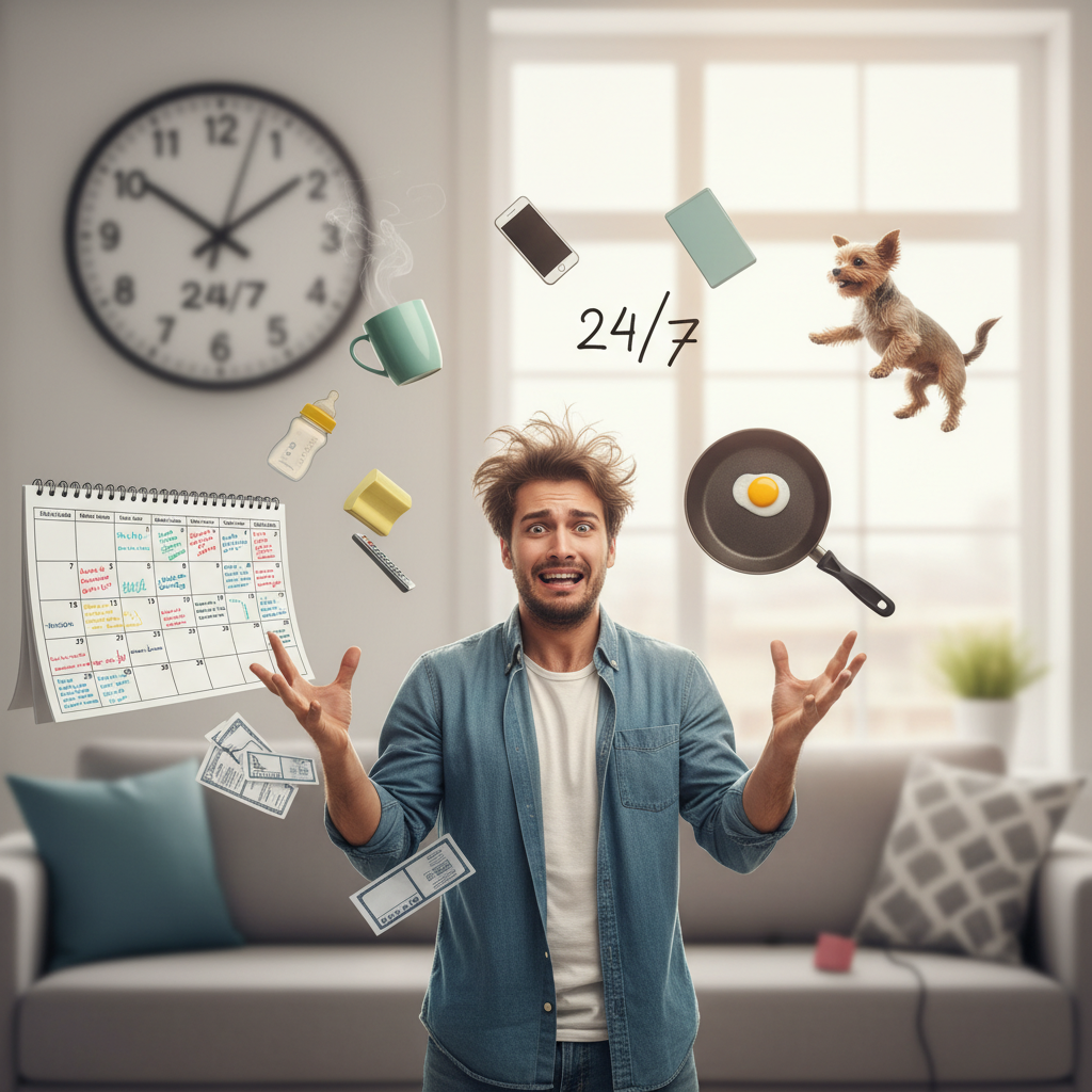 An image showing a balanced life scene with calm productivity: a happy person working efficiently with clear goals, alongside leisure activities like spending time with family or hobbies.