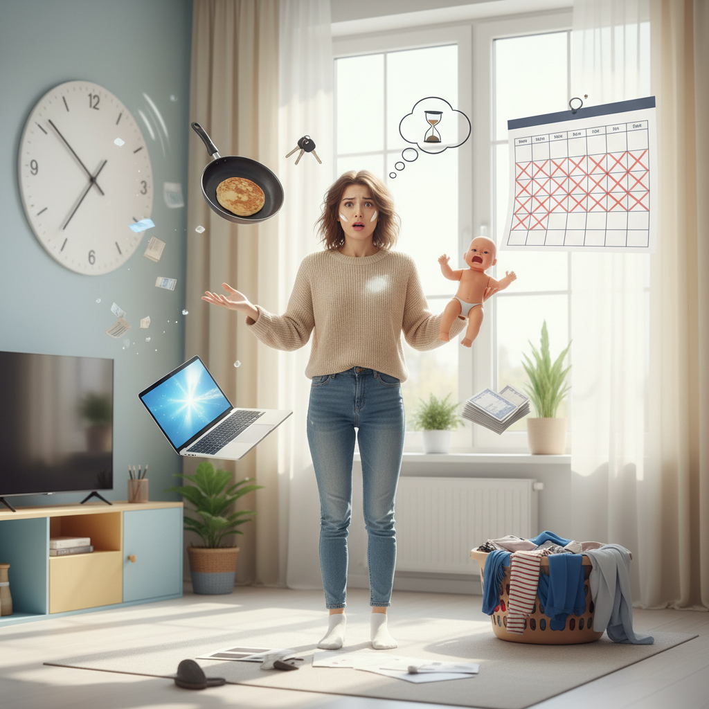An engaging and relatable illustration of a person juggling everyday tasks with a clock and calendar in the background, symbolizing the introduction to time management tips.