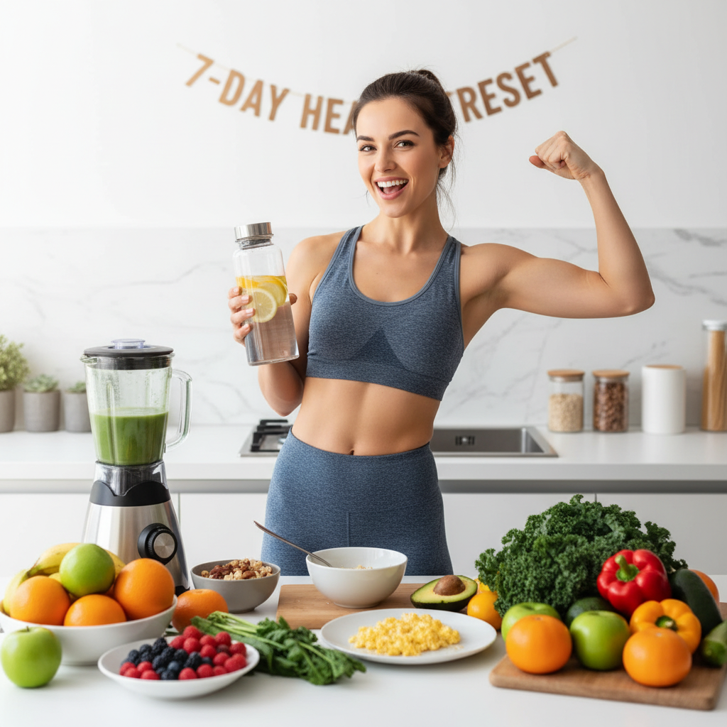 Visual representation of a 7-day plan calendar with daily focus icons such as water bottle for hydration, probiotic foods, walking person, digital declutter symbol, clean eating plate, meditation, and reflection journal.