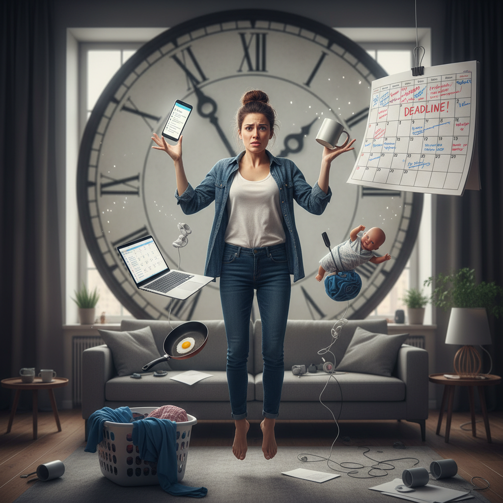 A depiction of the Pomodoro Technique: a timer counting down 25 minutes, a person focused working at a desk, and short breaks illustrated with refreshing activities.