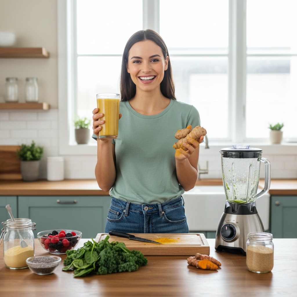 An infographic-style image showing tips for making the best anti-inflammatory smoothies, including fresh or frozen fruits, healthy fats, blending instructions, and sweetening advice, with icons or simple illustrations.