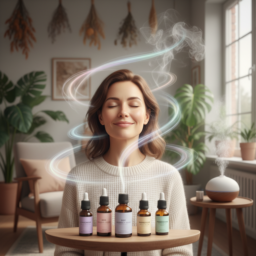 Serene cozy self-care scene using homemade essential oil serum blend