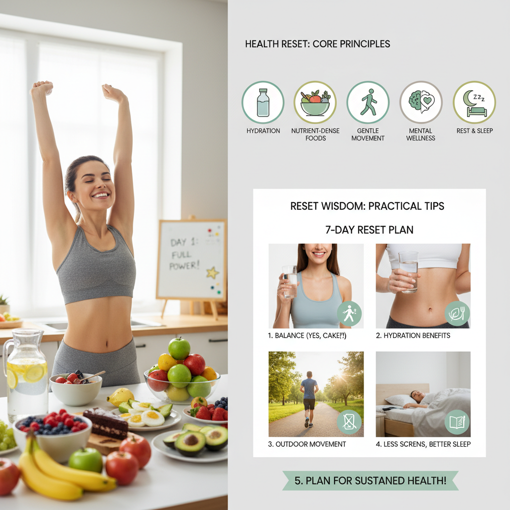 Depiction of practical tips from experience including balance with indulgence (like eating a cake slice), hydration benefits (clear skin, less bloating), outdoor movement, reduced screen time for better sleep, and planning for sustained health.