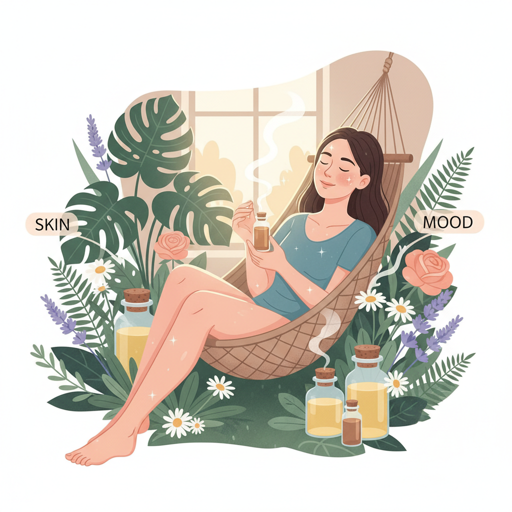Illustration showing dual benefits of essential oils for skin and mood