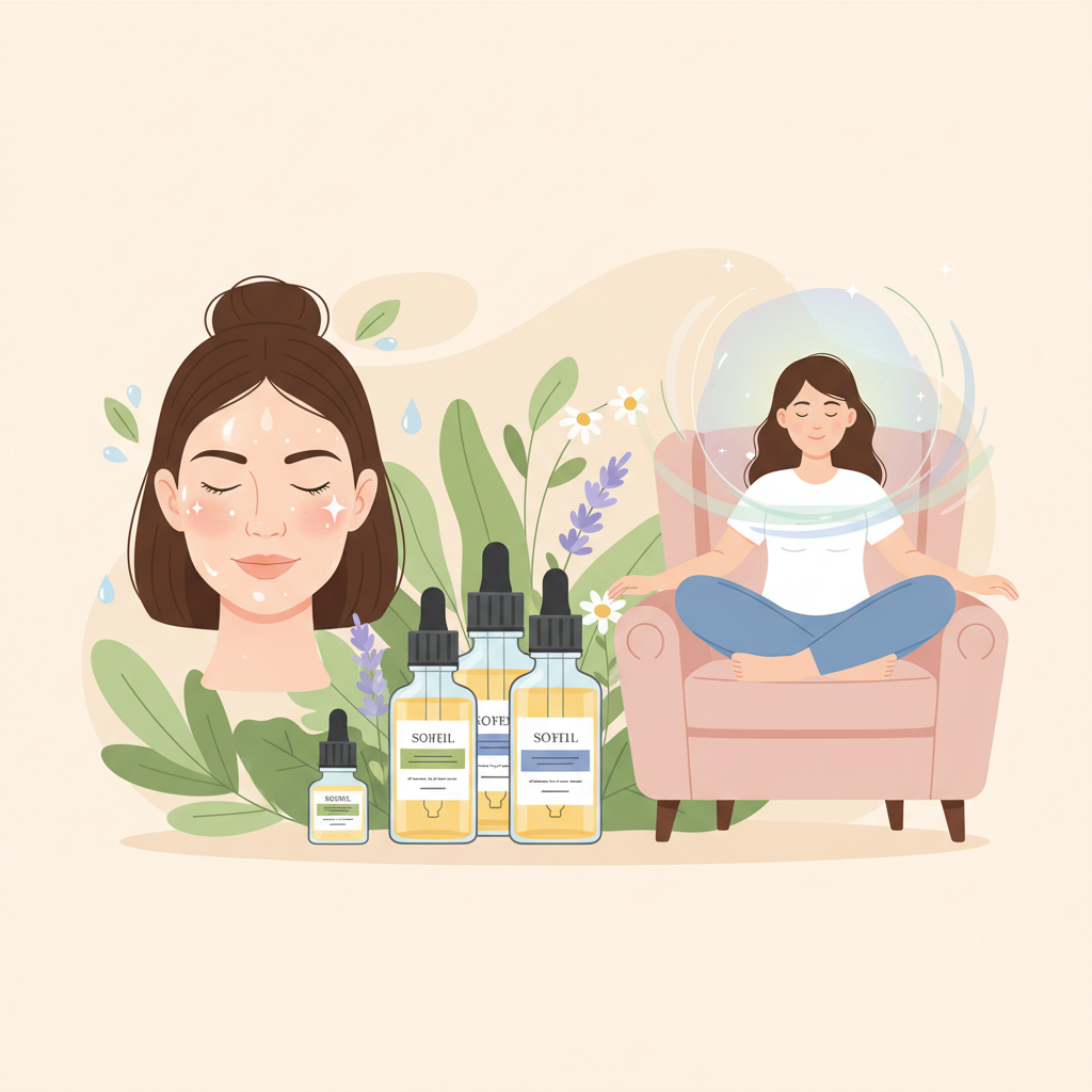 Visually appealing collage of lavender, rose, chamomile, frankincense, tea tree, and bergamot essential oils