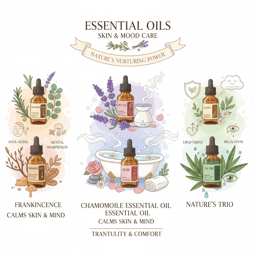 A creative image of Frankincense, Rose, and Tea Tree essential oils showcasing their unique benefits for skin (like hydration, clarity, and anti-aging) and mood (such as relaxation, upliftment, and mental sharpness) in a harmonious natural setting.