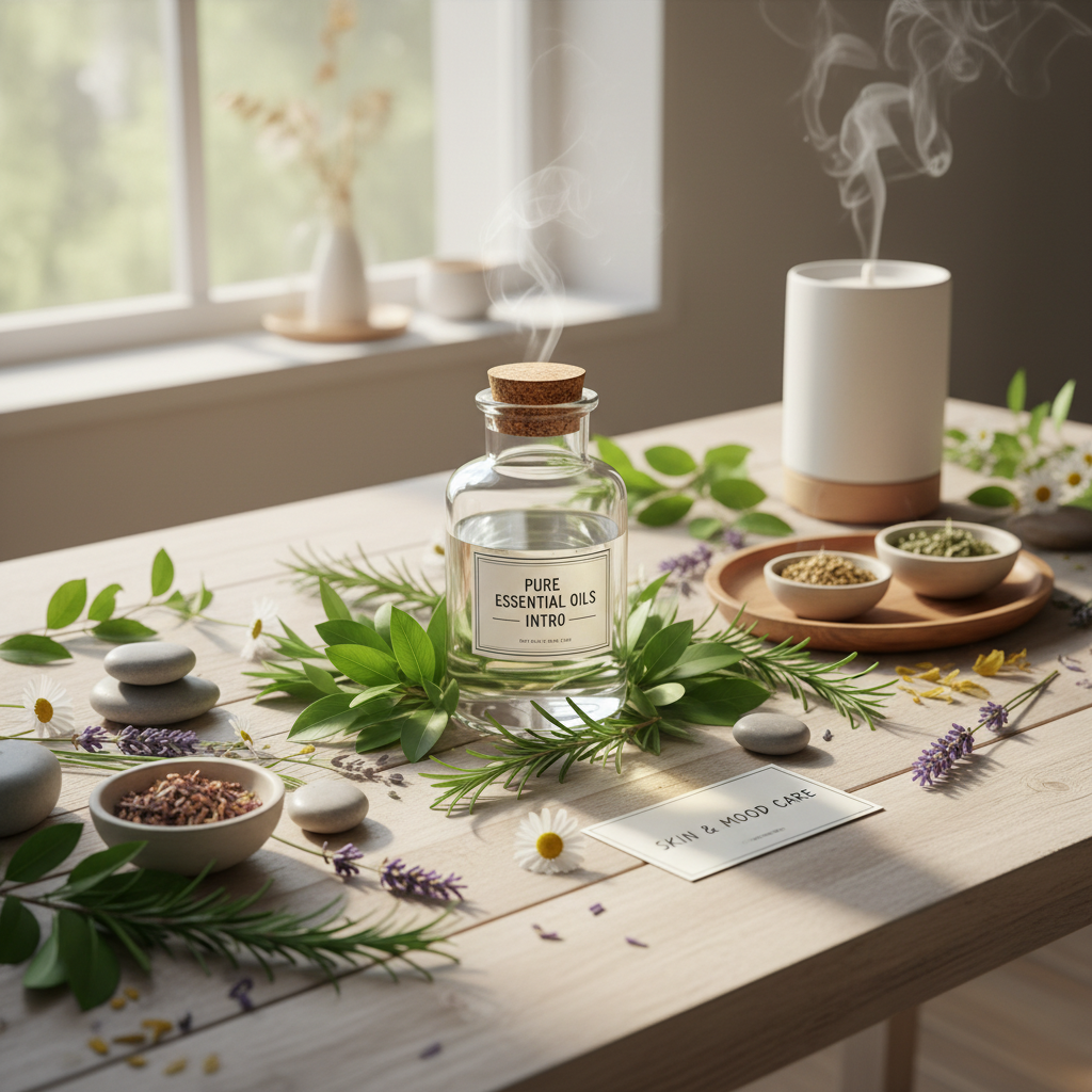 An illustration showing the Introduction to essential oils with natural botanical elements and a calm, soothing atmosphere representing skin and mood care.