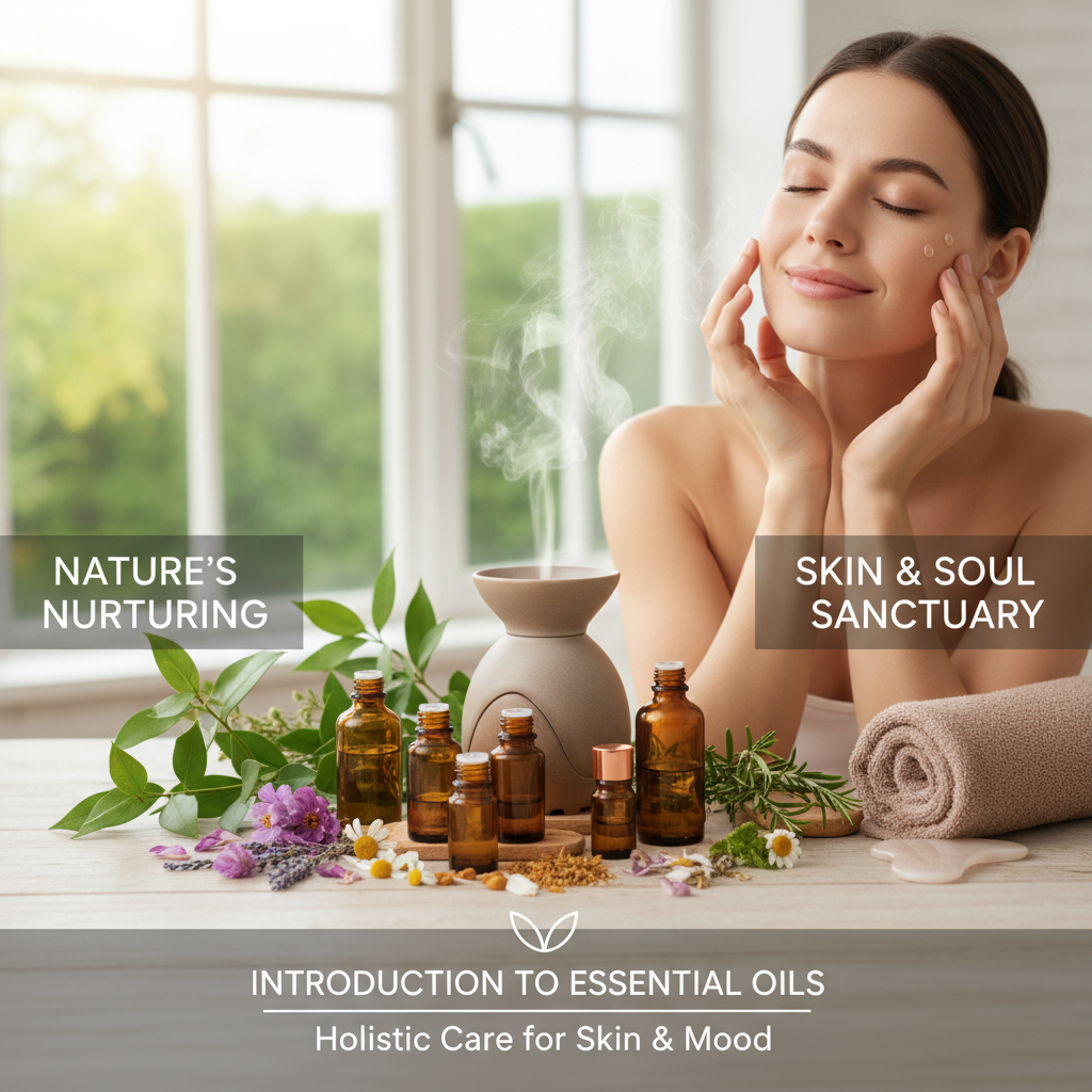 A detailed visual representation of Lavender Essential Oil depicting lavender flowers, a diffuser, and benefits for skin and mood such as calmness and skin healing.