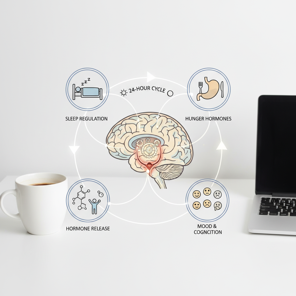 A visual timeline of a circadian day showing key stages: morning cortisol surge, daytime productivity, evening melatonin rise with dim lights, and night deep restorative sleep with cellular repair visuals.