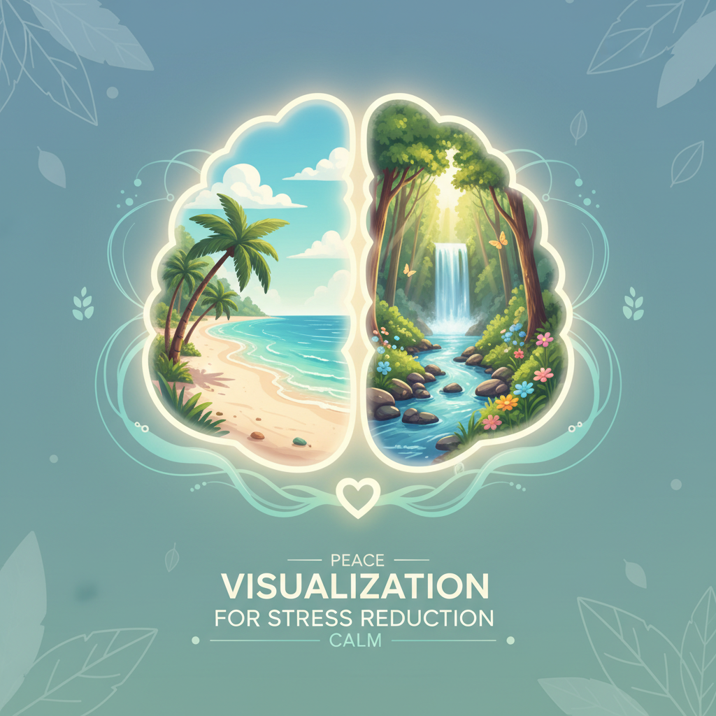 An illustration showing a calm brain with peaceful and serene scenes like a tranquil beach and nature, depicting why visualization works to reduce stress and calm the nervous system.