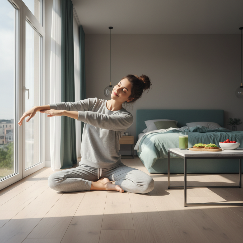 A cozy nighttime bedroom scene highlighting a sleep-friendly environment: dim lighting, fluffy pillows, a person journaling or reading, and screens turned off to prepare for quality sleep.