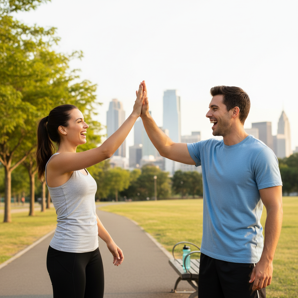 A checklist or infographic style image showing key qualities to look for when choosing the perfect wellness buddy, such as shared goals, commitment, positivity, and communication.