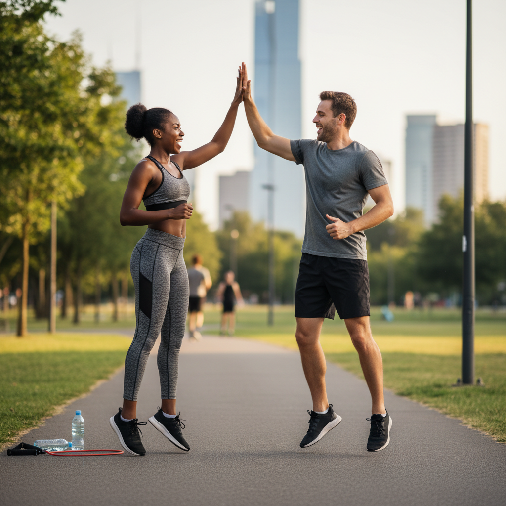 A motivating scene showing two friends exercising together outdoors, high-fiving and encouraging each other during a workout.