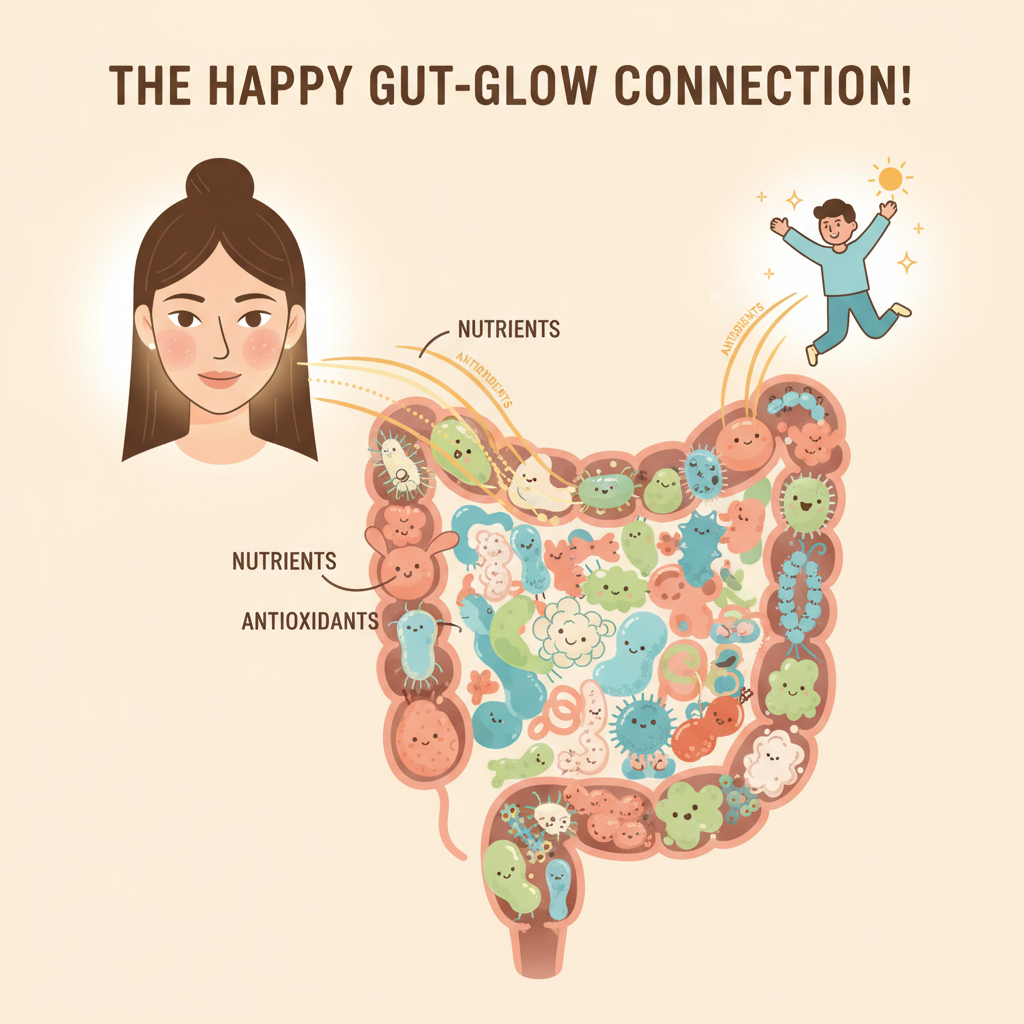 Visual representation of the gut-skin axis showing how gut health reduces inflammation, improves nutrient absorption, and boosts skin and energy.