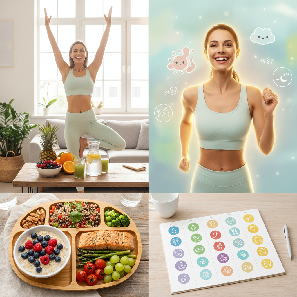 Visual representation of the benefits of the 7-day health reset: glowing skin, energized person, healthy gut icons, and peaceful sleep symbols.